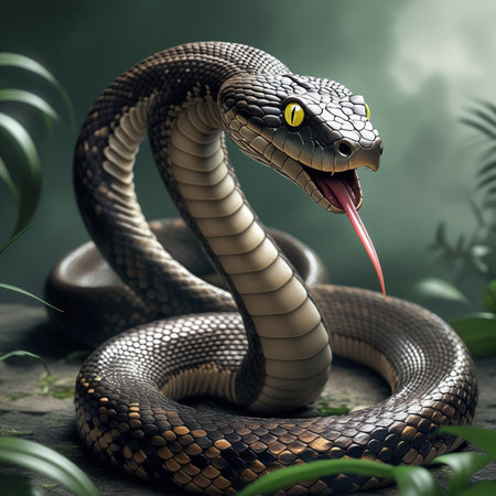 3D rendering of a black and white cobra snake in the jungleの写真素材