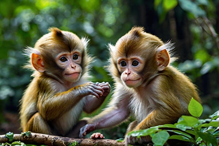 Baby monkey and mother in the rainforest of Ubud, Bali, Indonesiaの写真素材