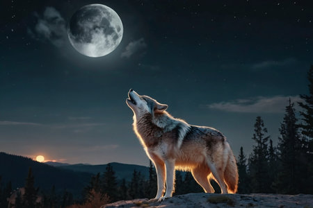 Beautiful wolf in the mountains at night with a full moon.の写真素材