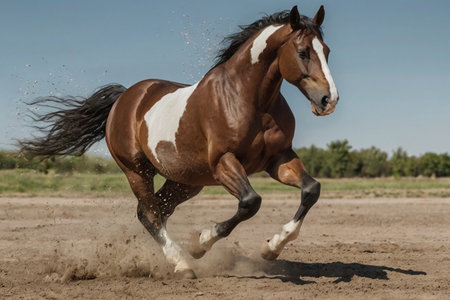 Beautiful bay stallion running on sand in sunny day in summerの写真素材