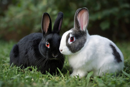 Two black and white rabbits with red eyes on green grass in gardenの写真素材
