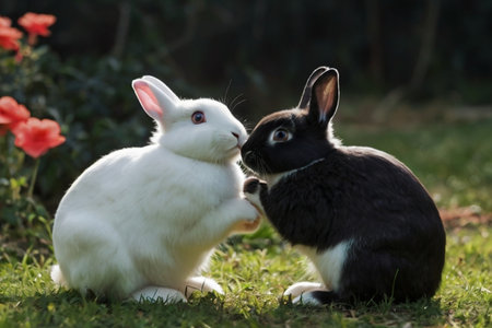 Two cute white and black rabbits sitting on the grass in the garden