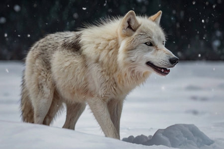 White wolf in the snow. Wild animal in the winter forest.