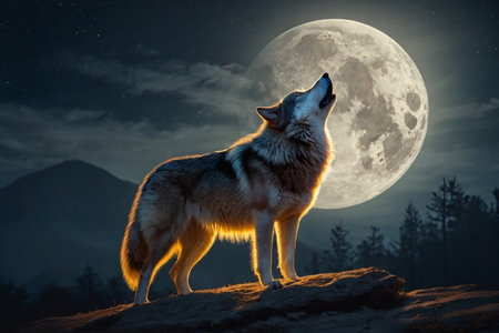 Wolf in the mountains at full moon night. 3D rendering.