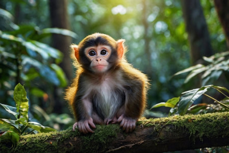 Little monkey sitting on a branch in the rainforest of Borneo.の写真素材