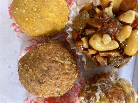 Homemade muffins with nuts and raisinsの写真素材