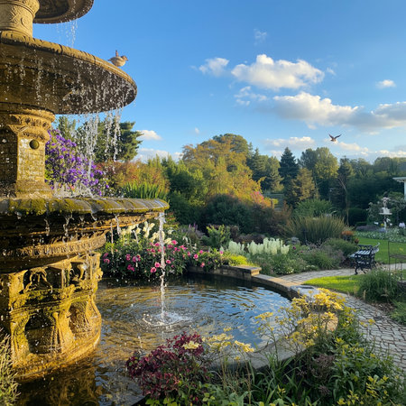 Fountain in the garden with flowers and birds flying in the skyの写真素材