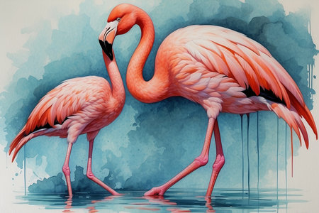 Two flamingo birds on water background. Watercolor painting illustration.の写真素材
