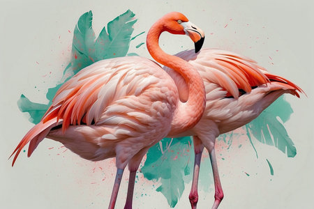 pink flamingo with green leaves on white background, digital paintingの写真素材