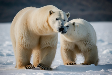 Polar bear (Ursus maritimus) mother and cub on the pack ice, north of Svalbard Arctic Norwayの写真素材