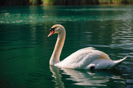 White swan swimming on the lake in the park. The mute swan, Cygnus olorの写真素材