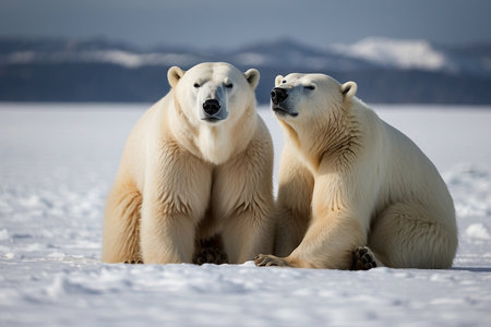 Polar bear (Ursus maritimus) mother and cub on the pack ice, north of Svalbard Arctic Norwayの写真素材
