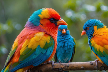 Colourful parrots sitting on a branch in the rainforest