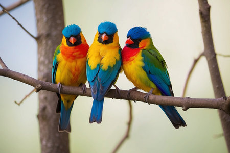Couple of colorful parrots perching on a tree branch.の写真素材