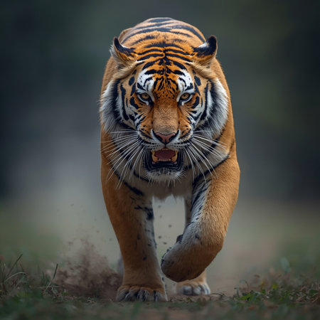 Siberian Tiger walking in the forest, Panthera tigris altaicaの写真素材