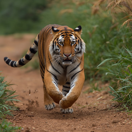Tiger walking on the road in Ranthambore National Park, Indiaの写真素材