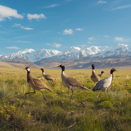 Geese in a meadow with mountains in the background