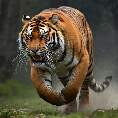 Siberian Tiger running in the forest, Panthera tigris altaicaの写真素材