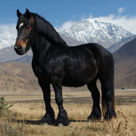 Black horse standing in the field against the background of snow-capped mountainsの写真素材