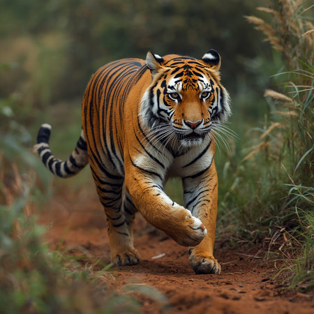 Tiger walking on the road in Ranthambore National Park, Indiaの写真素材