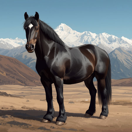 Horse in the desert with mountains in the background. Vector illustration.の写真素材