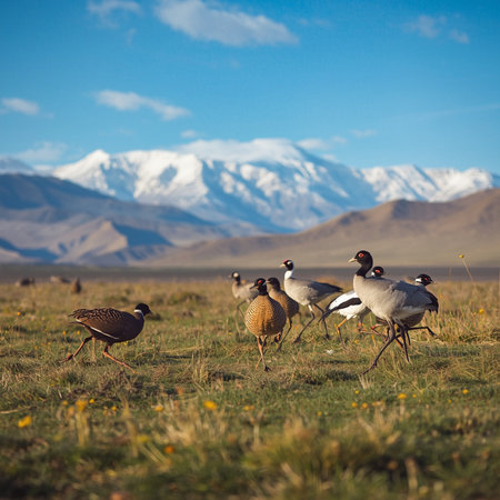 Herd of Sandhill Cranes in the grassland with snow capped mountains in the backgroundの写真素材