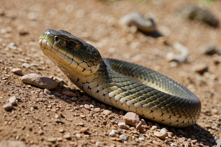 Close-up of the head of a snake on the ground.