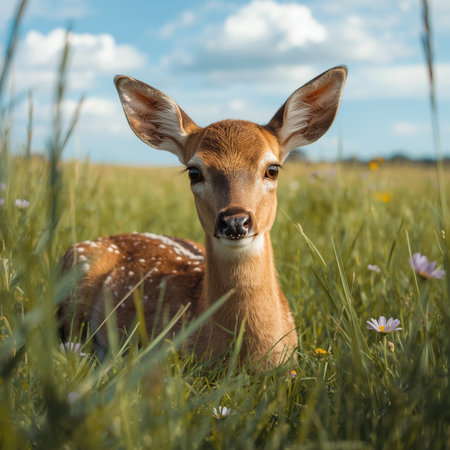 Portrait of a young whitetail deer in the meadowの写真素材