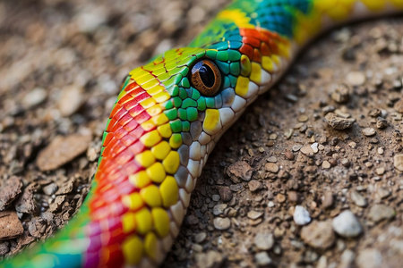 Close up of the head of a colorful snake on the ground.の写真素材