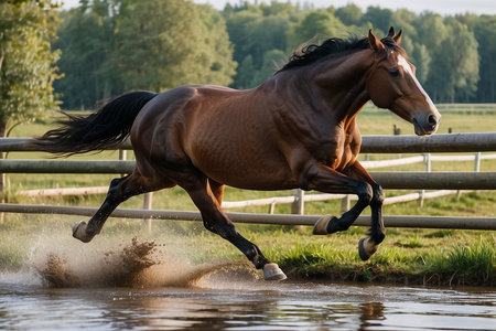 Beautiful bay horse galloping in the water on a sunny day