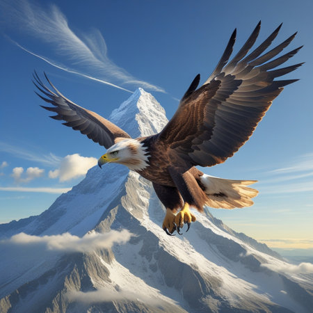 Bald Eagle in flight with mountains in the background, 3d renderの写真素材