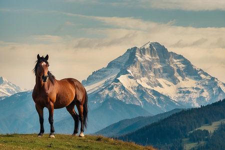 Horse on the green meadow against the background of the mountainsの写真素材