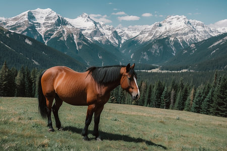 Horse on the meadow in the mountains. Mountain landscape.の写真素材