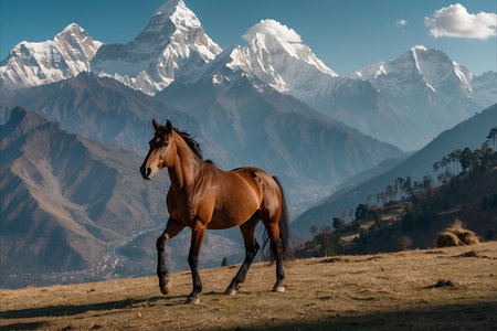 Horse in the mountains, Himalayas, Nepal, Asiaの写真素材
