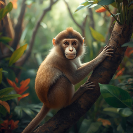 Portrait of cute monkey sitting on a branch in the jungle.の写真素材