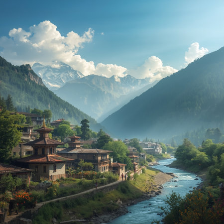 Mountain village with a river in the foregroundの写真素材