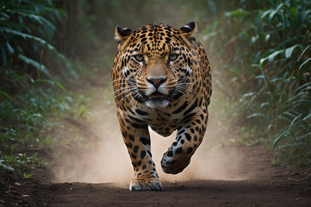 Jaguar (Panthera onca) running in the jungleの写真素材