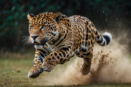 Jaguar running in the rain, Panthera onca.