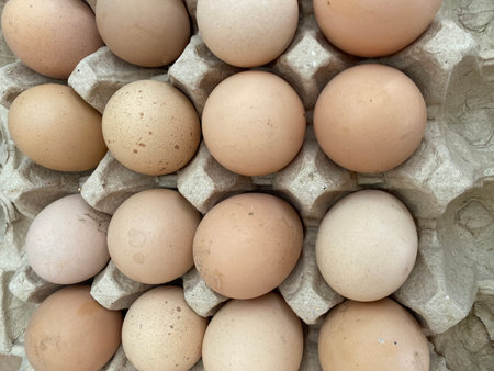 eggs in a carton box, top view, close up