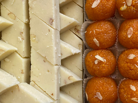 Variety of Indian sweets in a box. Top view. Close up.