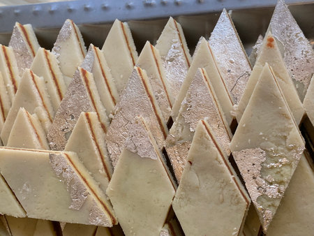 Slices of cheese on display at a street food market stallの写真素材