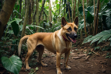 The dog is standing on the ground in the forest. Selective focus.の写真素材