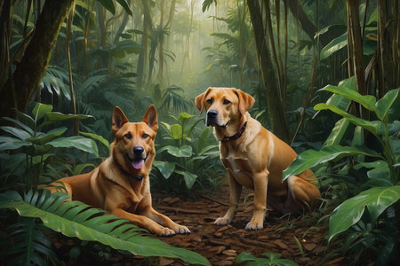 Two dogs sitting in the jungle, 3d rendering. Computer digital drawing.の写真素材