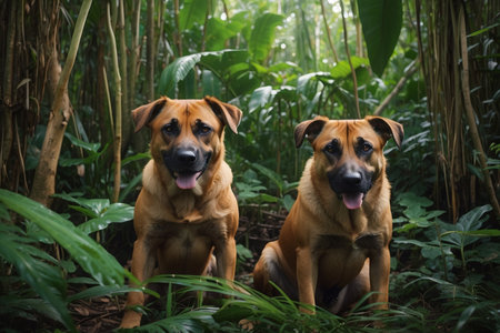 Two dogs sitting in the jungle looking at the camera and smiling.の写真素材