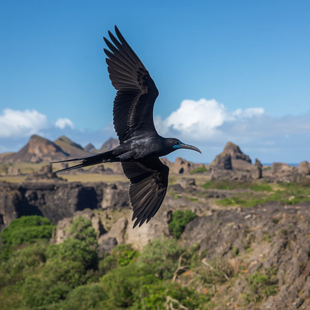 Black frigatebird (Fregata magnifica) in flightの写真素材