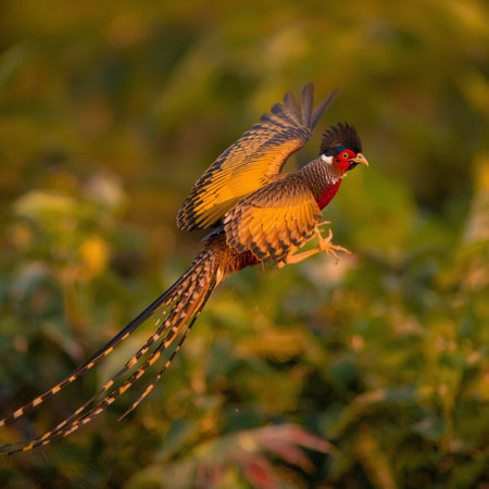 Male Golden Pheasant (Phasianus colchicus) in flightの写真素材