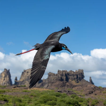 Black stork (Ciconia nigra) in flight, Big Island, Hawaiiの写真素材