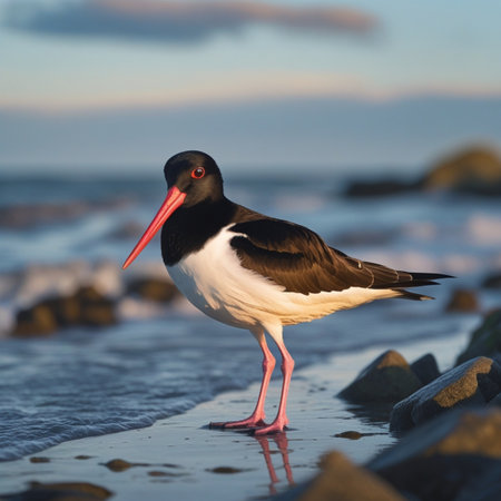 Eurasian oystercatcher (Haematopus ostralegus) standing on the beach.の写真素材