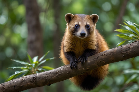 Cute wolverine on a tree branch in the rainforestの写真素材
