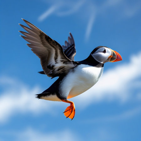 Puffin flying in the blue sky, fratercula arcticaの写真素材